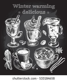 Hand drawn set of warming beverages. Vector isolated elements, collection of hot drinks and spices. Template for menu design, posters, flyers.