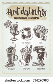 Hand drawn set of warming beverages. Vector isolated elements, collection of hot drinks and spices. Template for menu design, posters, flyers.