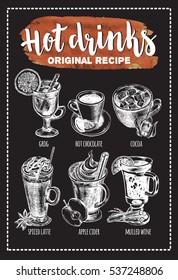 Hand drawn set of warming beverages. Vector isolated elements on the chalkboard, collection of hot drinks and spices. Template for menu design, posters, flyers.