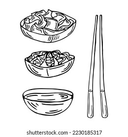 Hand drawn set with wasabi, soy sauce, ginger and chopsticks isolated on white background