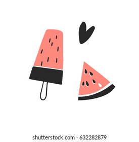 Hand drawn set of watermelon and ice cream. Vector artistic drawing food. Summer fashion illustration