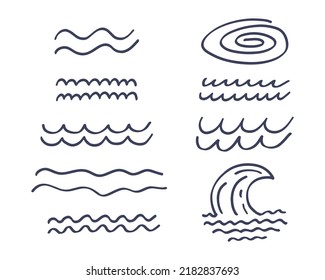 Conjunto dibujado a mano de elementos de agua de olas. Ilustración vectorial de estilo de esbozo de Doodle. Diseño sencillo para icono, logotipo, etc