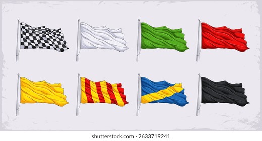 Hand drawn set of waving auto racing flags with metallic pole, green start race, red stop, yellow caution and more