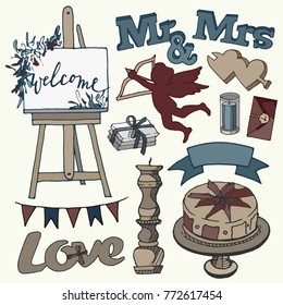 Hand drawn set of wedding decirations and symbols.