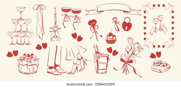 Hand drawn set for wedding, Valentine's day, engagement. Hearts, glasses of wine, desserts, bouquet of flowers, frame, bows, ribbons, champagne, rings. Romantic vector illustration.