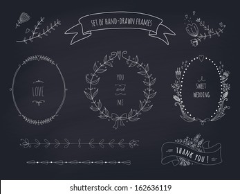 Hand drawn set of wedding wreaths and ribbons. EPS 10. Transparency. No gradients.