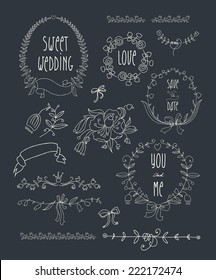 Hand drawn set of wedding wreaths and ribbons. EPS 10. Transparency. No gradients.