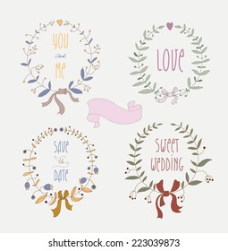 Hand drawn set of wedding wreaths and ribbons. EPS 10. Transparency. No gradients.