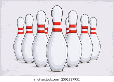 Hand drawn set of white bowling pins with red stripes ready to strike isolated on white background