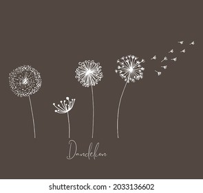 Conjunto de dientes pintados a mano de diente blanco, diente de león con semillas voladoras en un lindo estilo de doodle. Ilustración vectorial para tela, diseño de tarjeta o ropa de bebé.