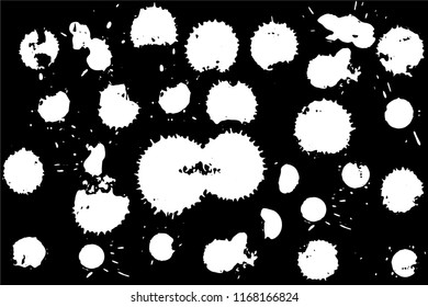 Hand drawn set of white ink spots isolated on black background. Paint splat set ink. Splat drop vector. Blood splash. Paint blob.