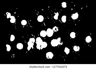 Hand drawn set of white ink spots isolated on black background. Paint splat set ink. Splat drop vector. Blood splash. Paint blob.