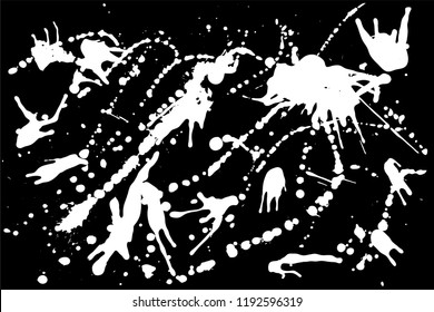 Hand drawn set of white ink spots isolated on black background. Paint splat set ink. Splat drop vector. Blood splash. Paint blob.