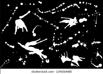 Hand drawn set of white ink spots isolated on black background. Paint splat set ink. Splat drop vector. Blood splash. Paint blob.