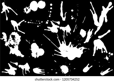 Hand drawn set of white ink spots isolated on black background. Paint splat set ink. Splat drop vector. Blood splash. Paint blob.