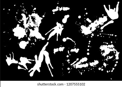 Hand drawn set of white ink spots isolated on black background. Paint splat set ink. Splat drop vector. Blood splash. Paint blob.