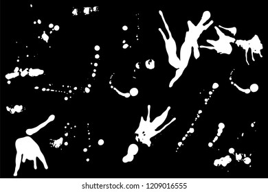 Hand drawn set of white ink spots isolated on black background. Paint splat set ink. Splat drop vector. Blood splash. Paint blob.