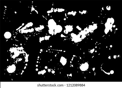 Hand drawn set of white ink spots isolated on black background. Paint splat set ink. Splat drop vector. Blood splash. Paint blob.