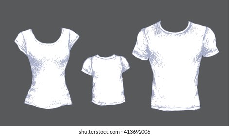 Hand drawn set of white T-shirts for man, women and kid isolated on gray background.  Front views. Vector sketch.