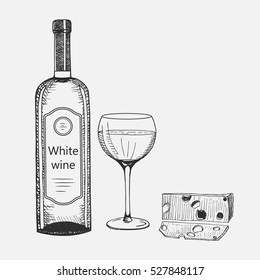 Hand drawn set of white wine composition. Vector illustration. Set used for advertising beverage in restaurant or bar menu, for logo design.