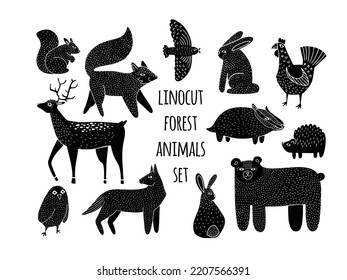 Hand drawn set with wild forest animals in linocut style. Isolated on white background vector illustration