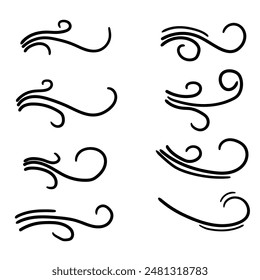 Hand drawn set of wind blowing isolated on white background. Vector illustration.