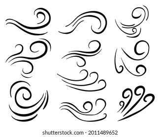 hand drawn set wind doodle blow, gust design isolated on white background.  illustration vector handrawn style