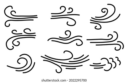 hand drawn set wind doodle blow, gust design isolated on white background.  illustration vector handrawn style
