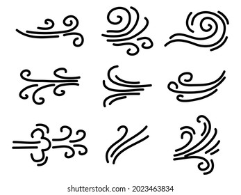 hand drawn set wind doodle blow, gust. design isolated on white background.  illustration vector handrawn style