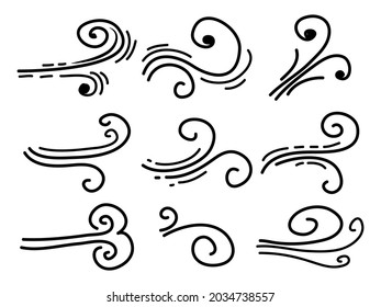 hand drawn set wind doodle blow, gust design isolated on white background.  illustration vector handrawn style