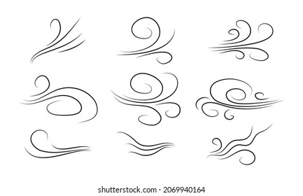 hand drawn set wind doodle blow, gust design isolated on white background.  illustration vector handrawn style