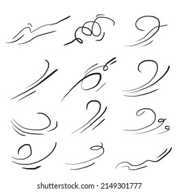 hand drawn set wind doodle blow, gust design isolated on white background. vector illustration