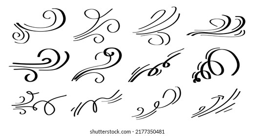 hand drawn set wind doodle blow, gust design isolated on white background.  illustration vector handrawn style