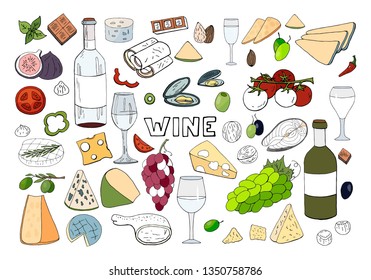 Hand drawn set with wine, different cheese, grape, vegetables isolated on white background. Vector doodle wine set