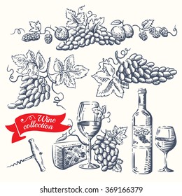 Hand drawn set - wine and wine-making. Vector.