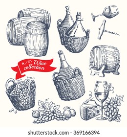 Hand drawn set - wine and wine-making. Vector.