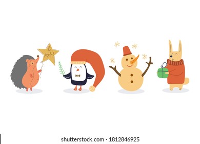Hand drawn set of winter animals. Hedgehog with ballon, penguin, snowman, bunny with gift box. Flat illustration for greeting card.  