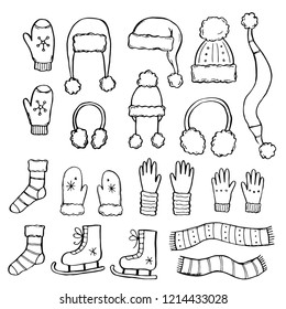 Hand drawn set of winter clothes and accessory: hat, scarf, coat, mitten, shoes, sweater. Sketch style doodle for children, christmas design. Isolated vector illustration. 