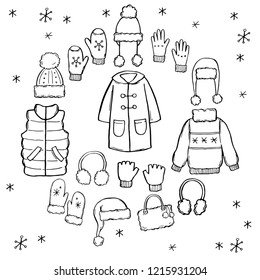 Hand drawn set of winter clothes and accessory: hat, scarf, coat, mitten, shoes, sweater. Sketch style doodle for children, christmas design. Isolated vector illustration. 