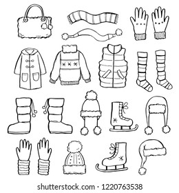 Hand drawn set of winter clothes and accessory: hat, scarf, coat, mitten, shoes, sweater. Sketch style doodle for children, christmas design. Isolated vector illustration. 