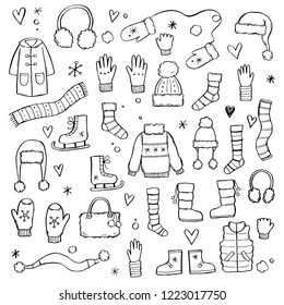 Hand drawn set winter clothes   accessory: hat  scarf  coat  mitten  shoes  sweater  Sketch style doodle for children  christmas design  Isolated vector illustration  