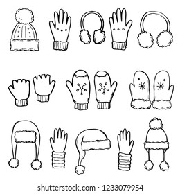 Hand drawn set of winter clothes and accessory: hat, scarf, coat, mitten, shoes, sweater. Sketch style doodle for children, christmas design. Isolated vector illustration. 