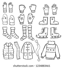 Hand drawn set of winter clothes and accessory: hat, scarf, coat, mitten, shoes, sweater. Sketch style doodle for children, christmas design. Isolated vector illustration. 