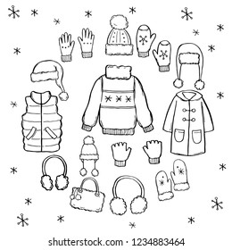 Hand drawn set of winter clothes and accessory: hat, scarf, coat, mitten, shoes, sweater. Sketch style doodle for children, christmas design. Isolated vector illustration. 