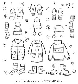 Hand drawn set of winter clothes and accessory: hat, scarf, coat, mitten, shoes, sweater. Sketch style doodle for children, christmas design. Isolated vector illustration. 