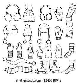 Hand drawn set of winter clothes and accessory: hat, scarf, coat, mitten, shoes, sweater. Sketch style doodle for children, christmas design. Isolated vector illustration. 