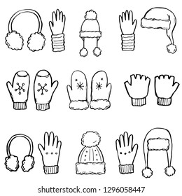 Hand drawn set of winter clothes and accessory: hat, scarf, coat, mitten, shoes, sweater. Sketch style doodle for children, christmas design. Isolated vector illustration. 