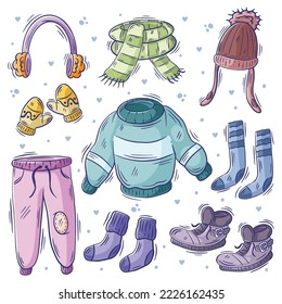 Hand drawn set of winter clothes doodle full color