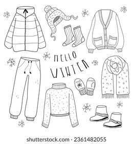 Hand drawn set of winter clothes and accessory hat, scarf, coat, mitten, shoes, sweater. Sketch style doodle for children, christmas design. Isolated vector illustration.