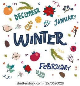 Hand drawn set of winter doodles with lettering in vector